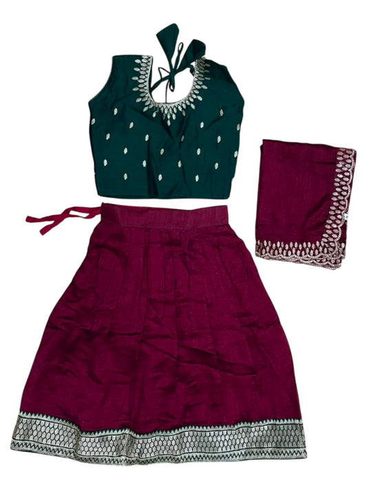 Southloom Georgette Kids Dhavani Set in Maroon and Green SLKDHAVANI