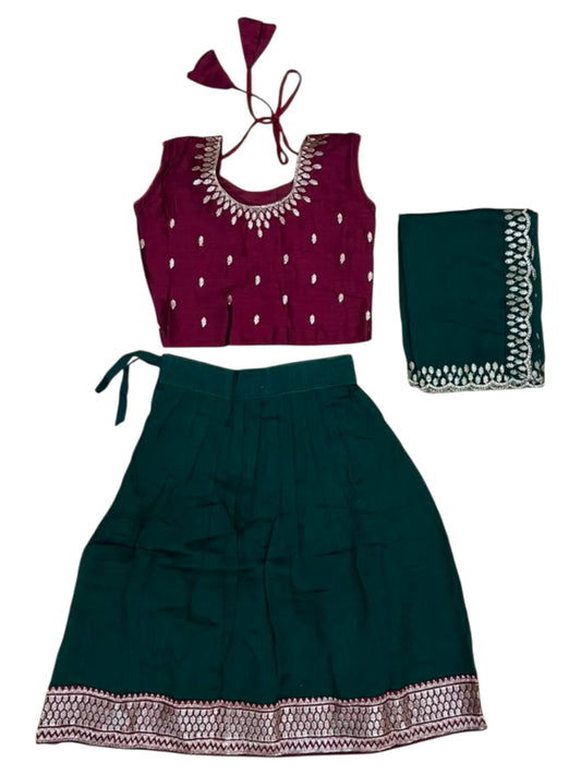 Southloom Georgette Kids Dhavani Set in Green and Maroon SLKDHAVANI