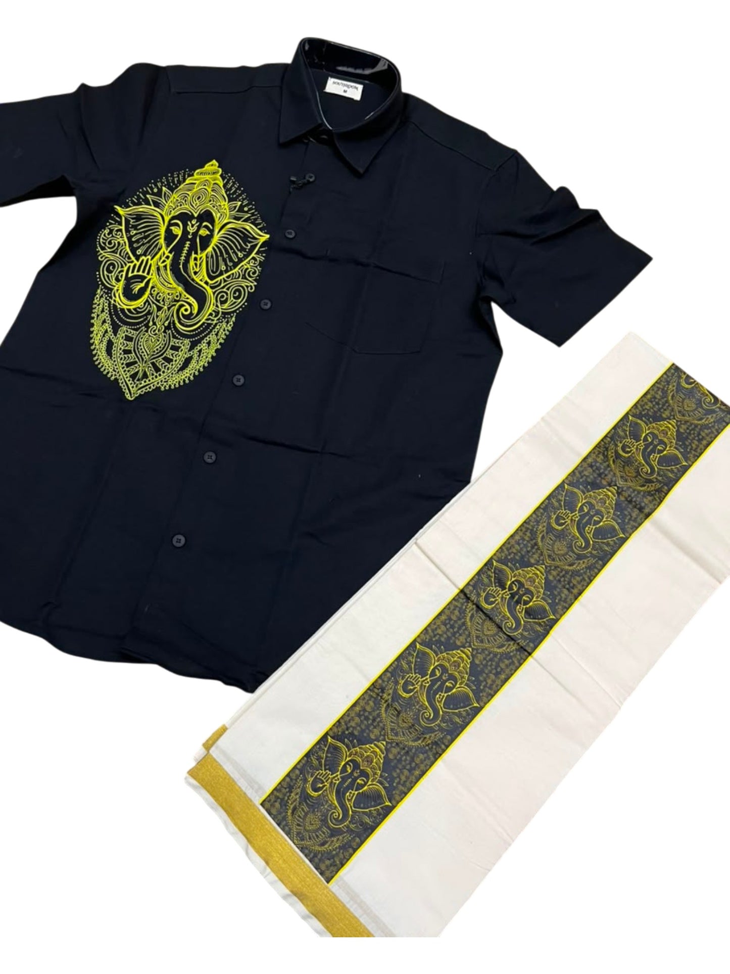 Southloom Ganesha Art Work Men's Combo (Shirt + Mundu) in Black
