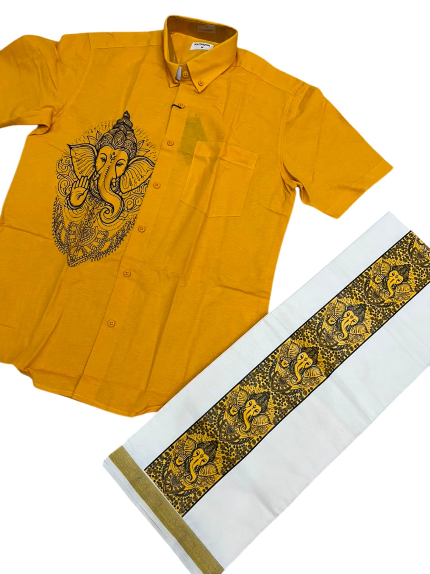Southloom Ganesha Art Work Men's Combo (Shirt + Mundu) in Yellow