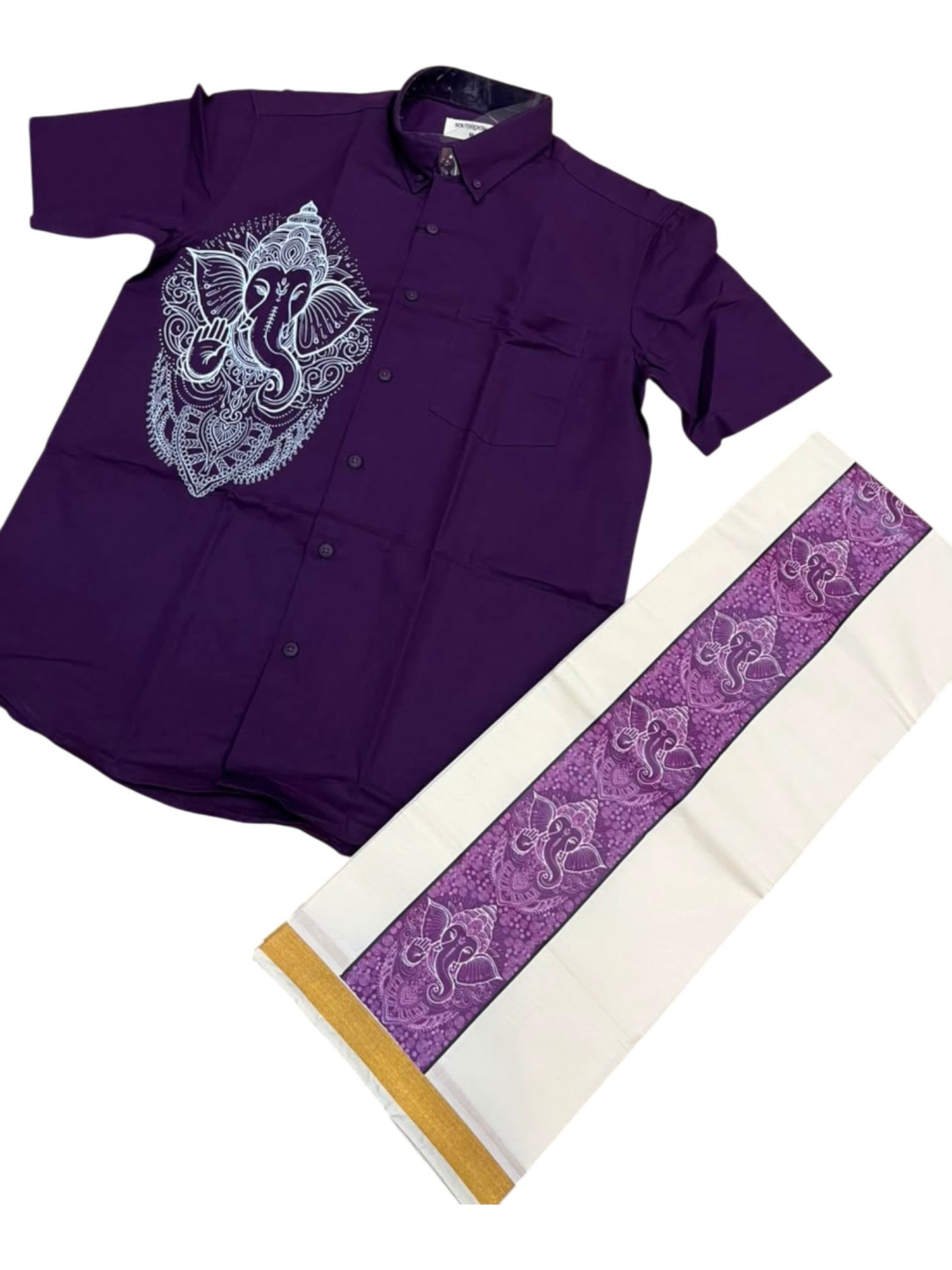 Southloom Ganesha Art Work Men's Combo (Shirt + Mundu) in Purple
