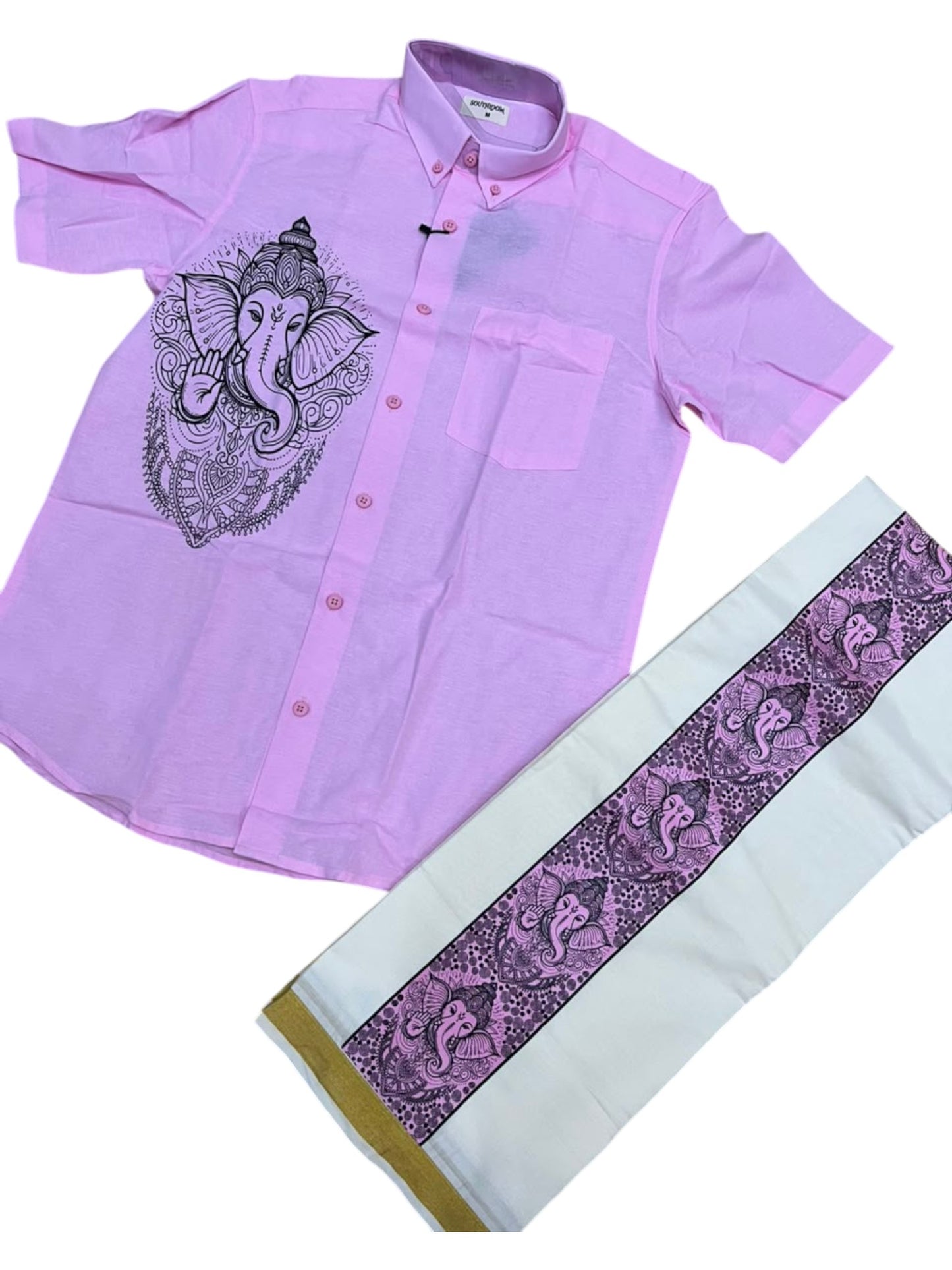 Southloom Ganesha Art Work Men's Combo (Shirt + Mundu) in Pink