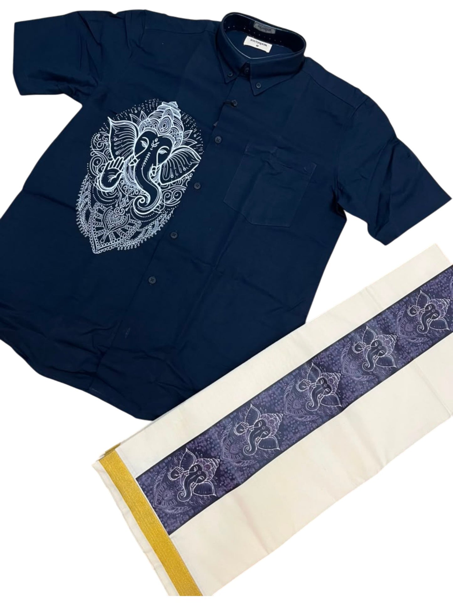 Southloom Ganesha Art Work Men's Combo (Shirt + Mundu) in Navy Blue