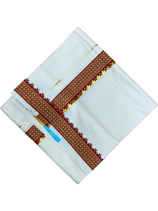 Southloom Kerala Pure Cotton Double Mundu with Maroon Printed and Kasavu Border (South Indian Dhoti)