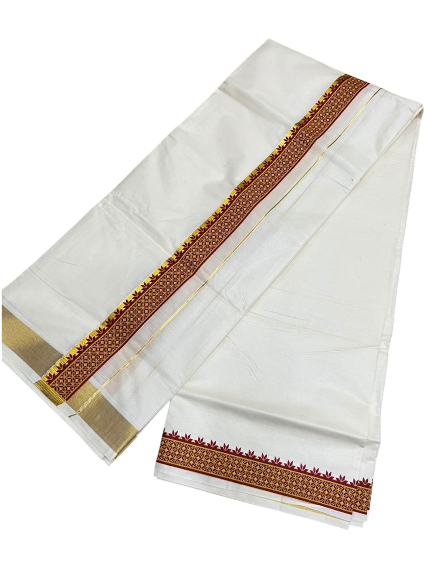 Southloom Kerala Pure Cotton Double Mundu with Maroon Printed and Kasavu Border (South Indian Dhoti)