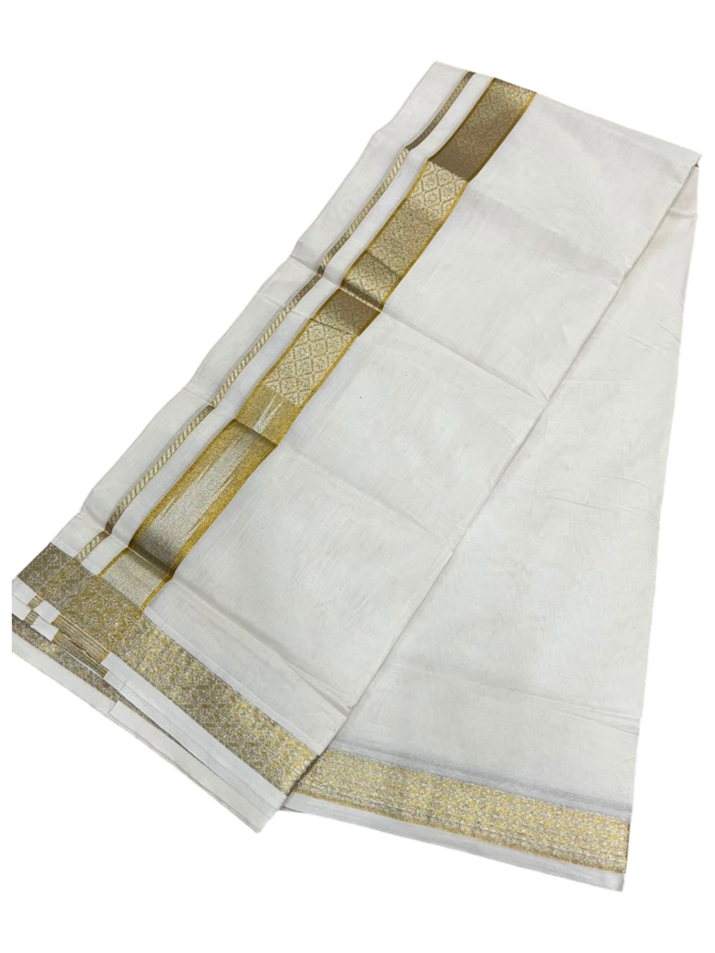Southloom Kerala Pure Cotton Double Mundu with Gold and Silver Kasavu Border (South Indian Dhoti)