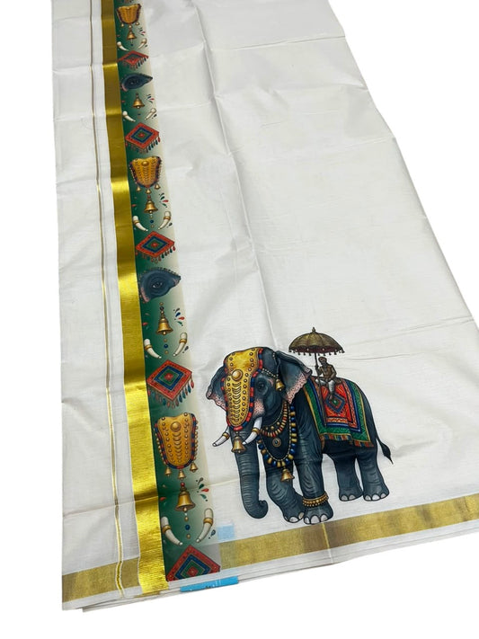 Southloom Pure Cotton Elephant Digital Printed Double Mundu (South Indian Kerala Dhoti)
