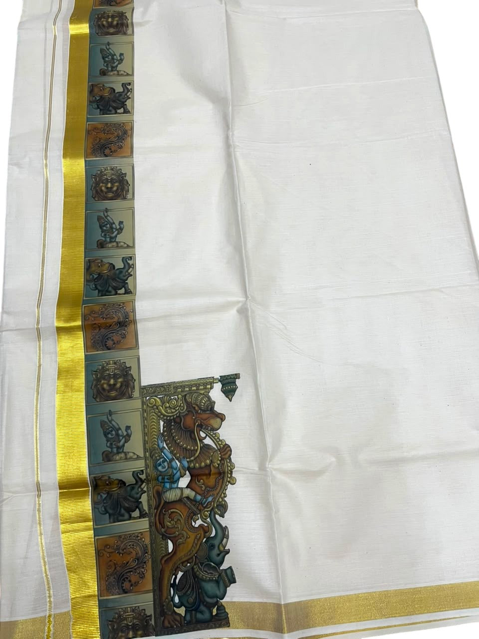Southloom Pure Cotton Mural Digital Printed Double Mundu (South Indian Kerala Dhoti)