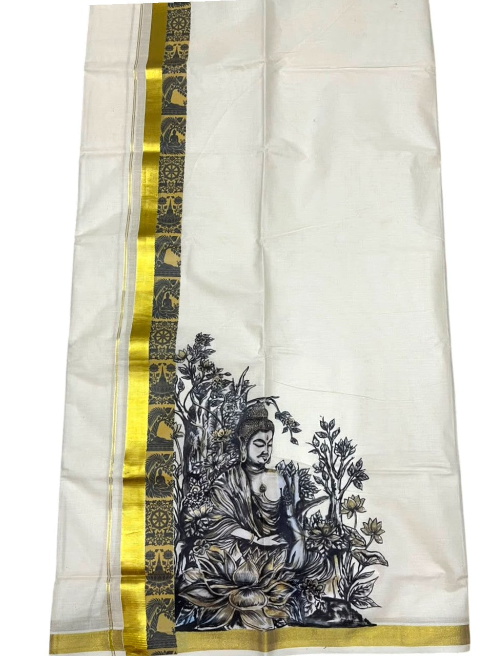 Southloom Pure Cotton Bhudan Digital Printed Double Mundu (South Indian Kerala Dhoti)