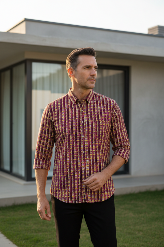 Southloom Jaipur Pure Cotton Block Printed Shirt for Men in Full Sleeve (2XL)
