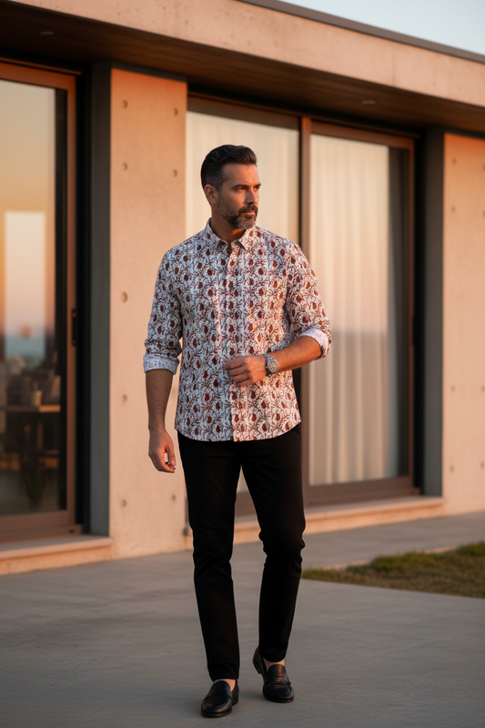 Southloom Jaipur Pure Cotton Block Printed Shirt for Men in Full Sleeve (2XL)