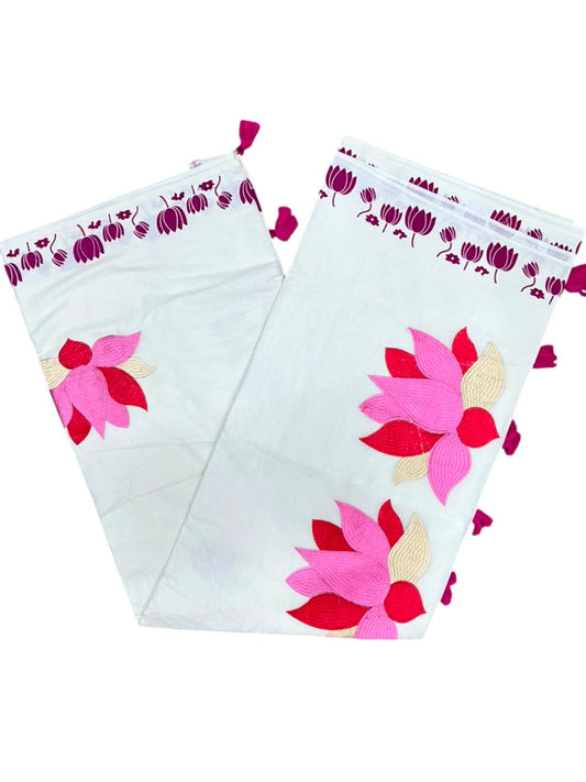 Southloom Kerala Cotton Pink Lotus Embroidery Design on the Body With Pink Tussles SL550