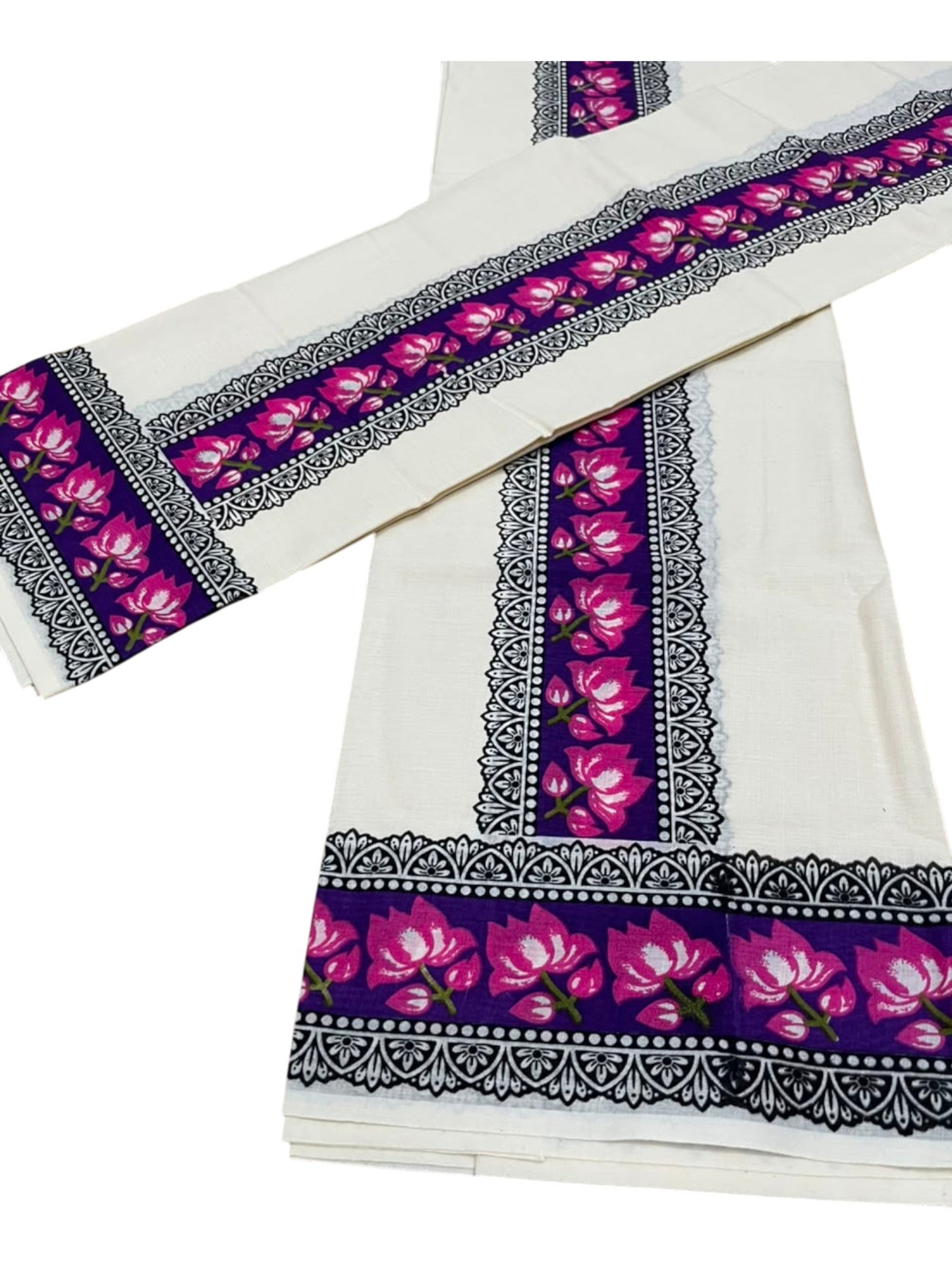 Southloom Pure Cotton Kerala Single Set Mundu (Mundum Neriyathum) with Lotus Digital Prints in Purple 2.80 Mtrs SL549