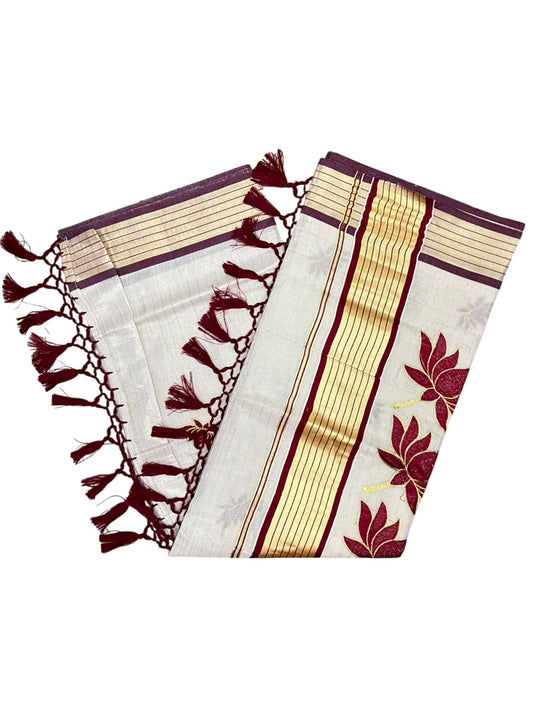 Southloom Kerala Tissue Kasavu Saree with Lotus Embroidery Works on Body in Maroon SL557