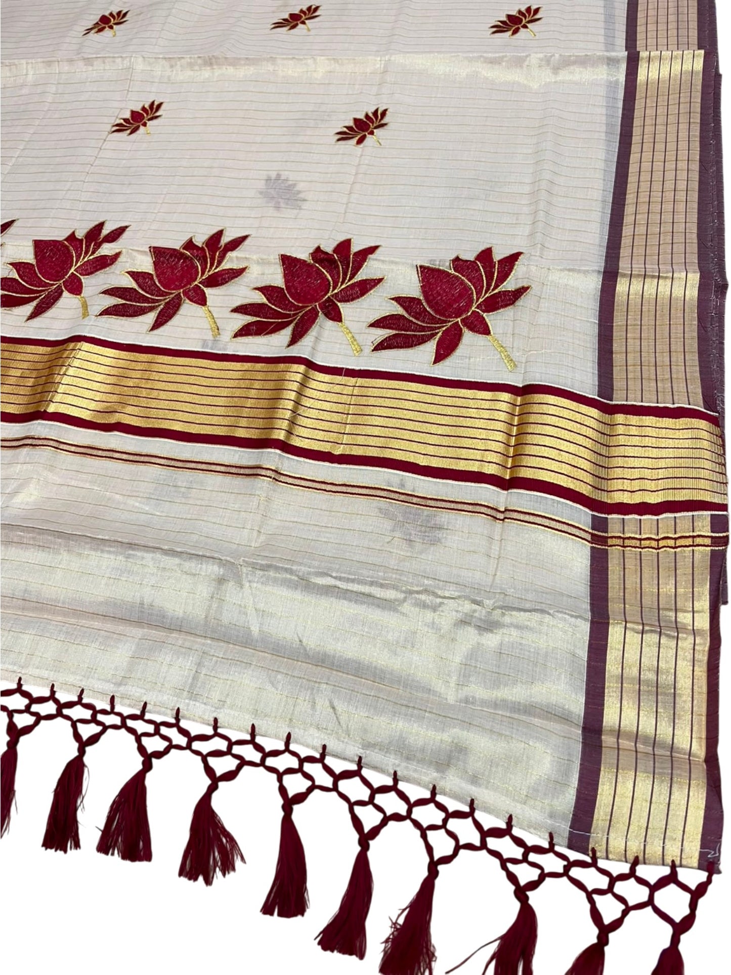 Southloom Kerala Tissue Kasavu Saree with Lotus Embroidery Works on Body in Maroon SL557