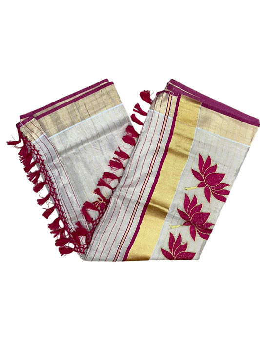 Southloom Kerala Tissue Kasavu Saree with Lotus Embroidery Works on Body in Pink SL557