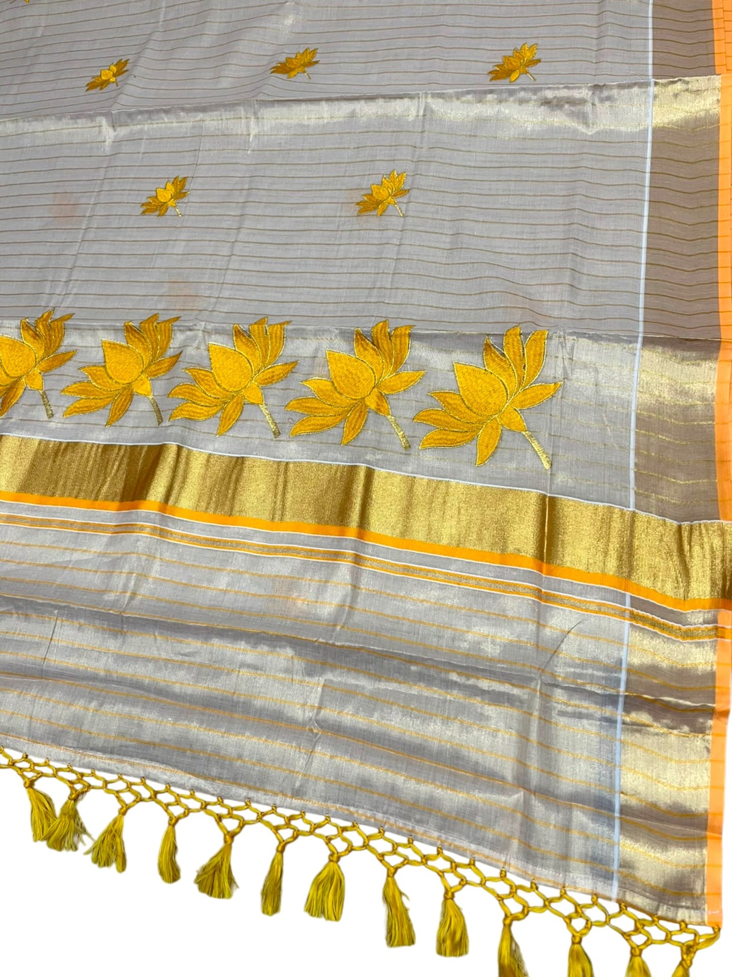 Southloom Kerala Tissue Kasavu Saree with Lotus Embroidery Works on Body in Yellow SL557