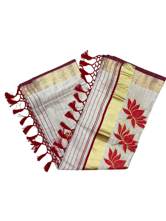Southloom Kerala Tissue Kasavu Saree with Lotus Embroidery Works on Body in Red SL557