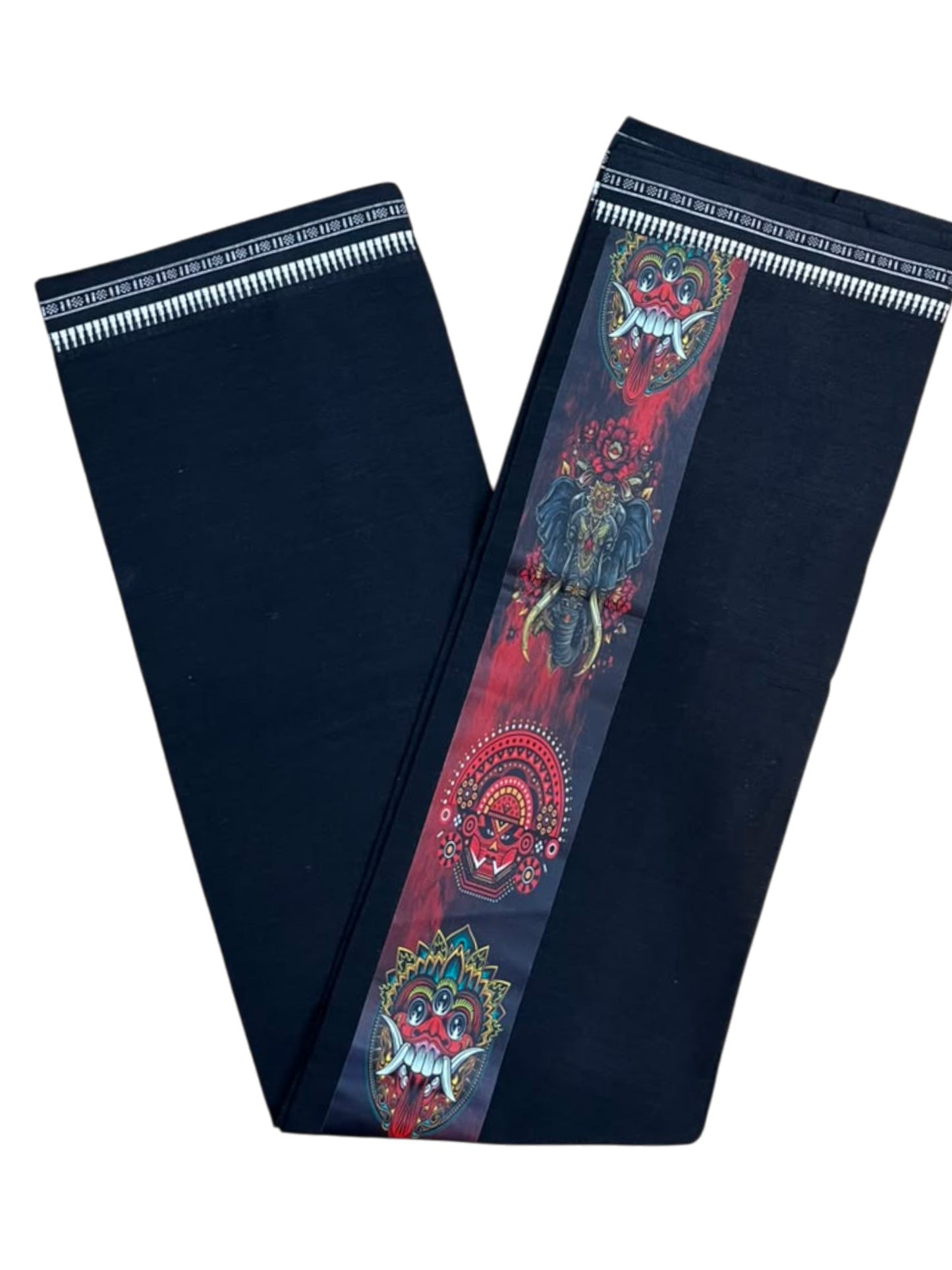 Southloom Black Printed Single Mundu / Otta Mundu / Lungi (South Indian Kerala Dhoti) with Theyyam Print