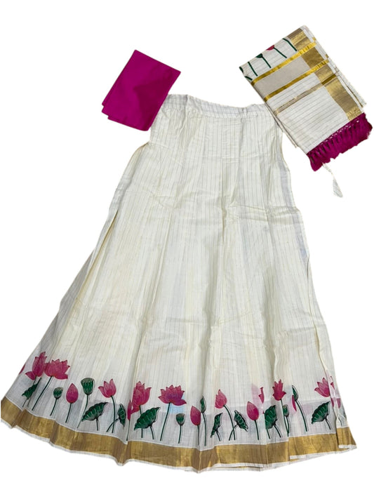 Southloom Semi Stitched Cotton Stripes Dhavani Set with Pavada and Pink Blouse Piece with Lotus Print