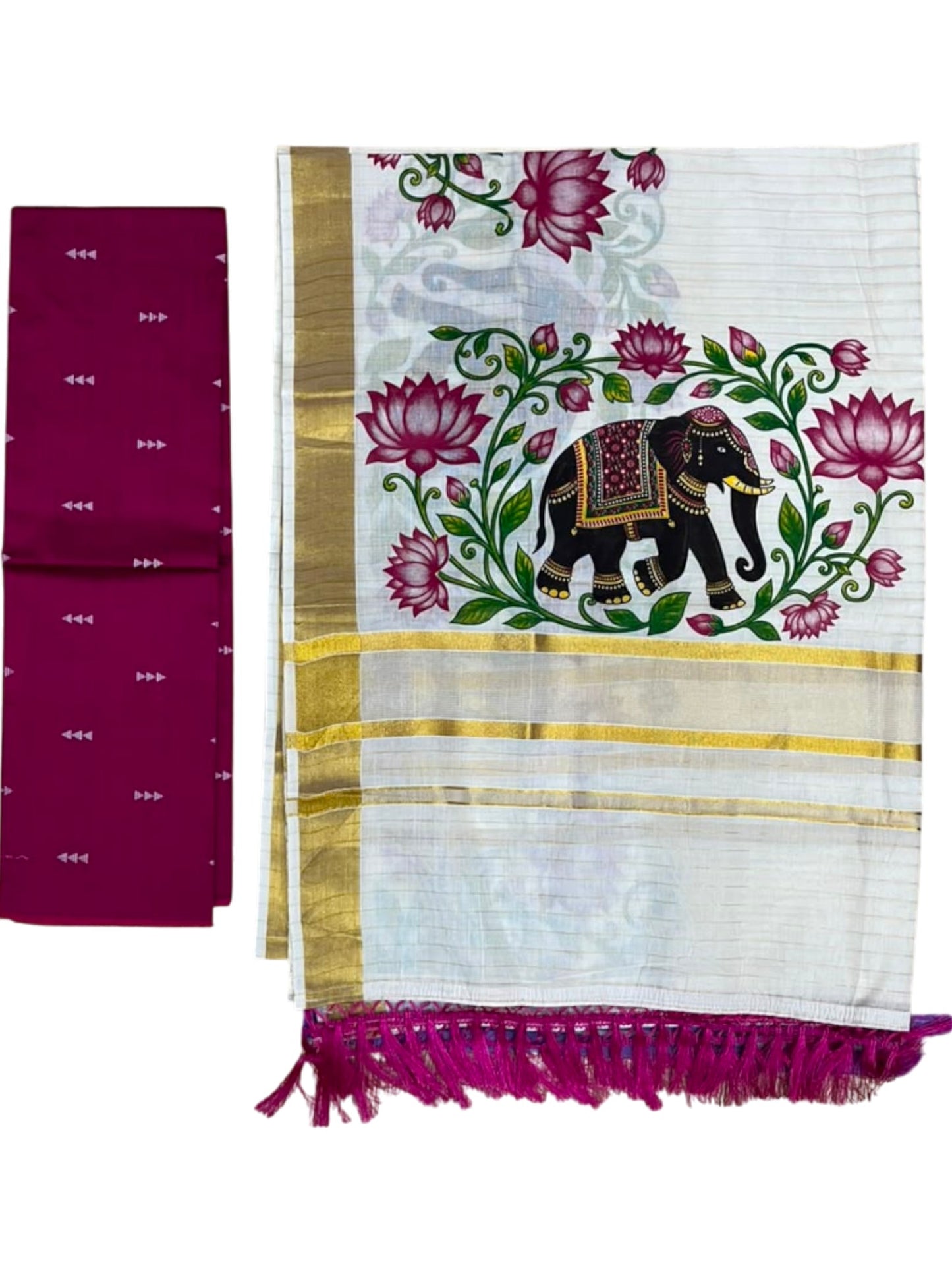 Southloom Semi Stitched Cotton Stripes Dhavani Set with Lotus and Elephant Print with Pavada and Magenta Blouse Piece
