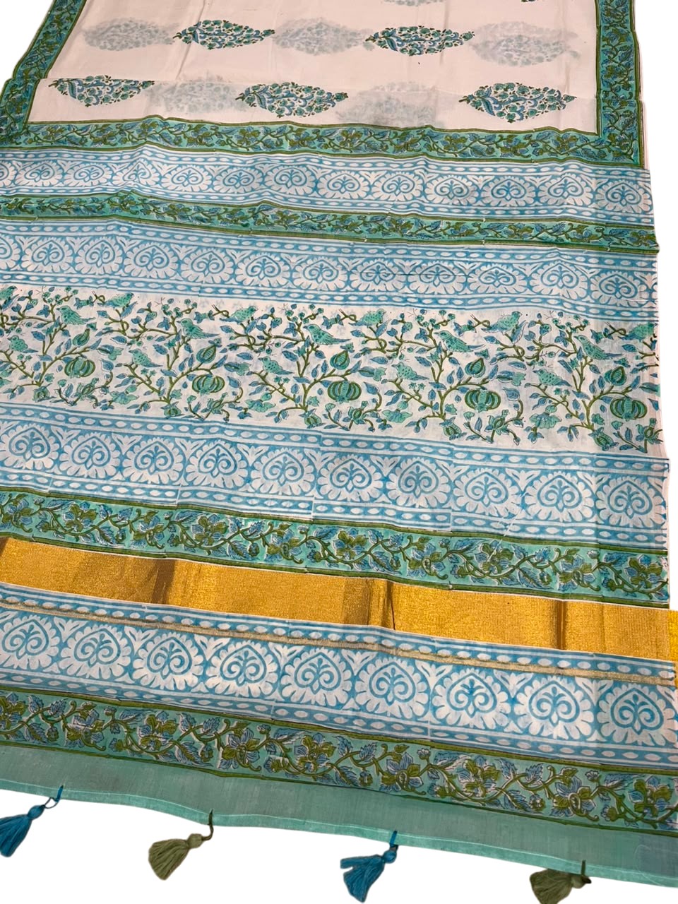 Southloom Cotton Kerala Kasavu Saree with Jaipur Block Printed on Body And Borders in Turquoise SL561