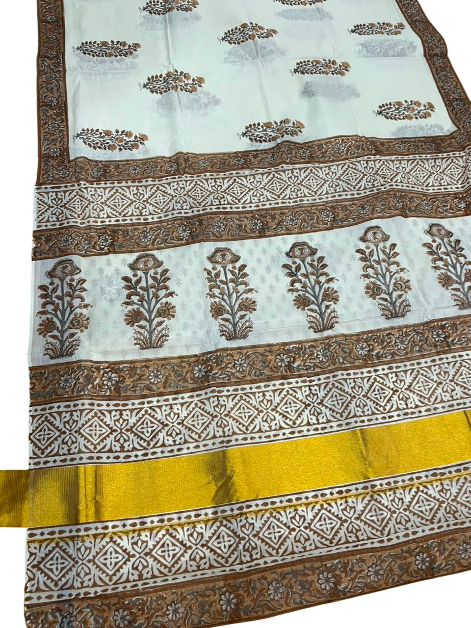 Southloom Cotton Kerala Kasavu Saree with Jaipur Block Printed on Body And Borders in Brown L561