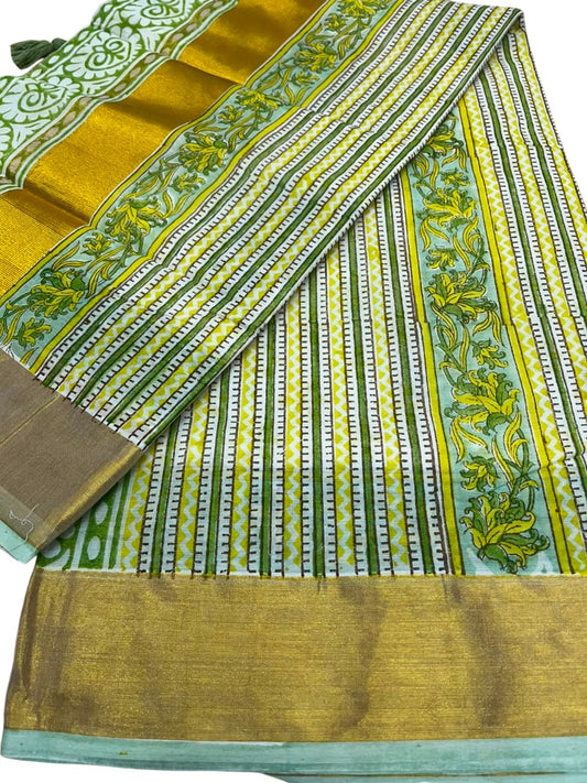 Southloom Cotton Kerala Kasavu Saree with Jaipur Block Printed on Body And Borders SL561