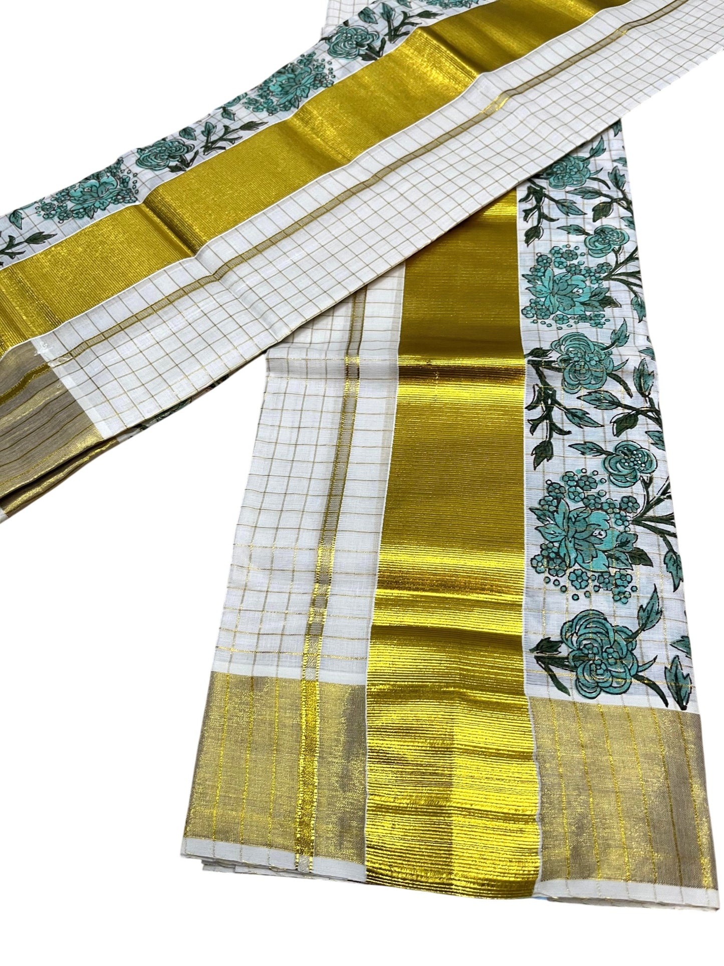 Southloom Kerala Check Pure Cotton Set Mundu with Gold Kasavu And Block Prints Across Body SL563