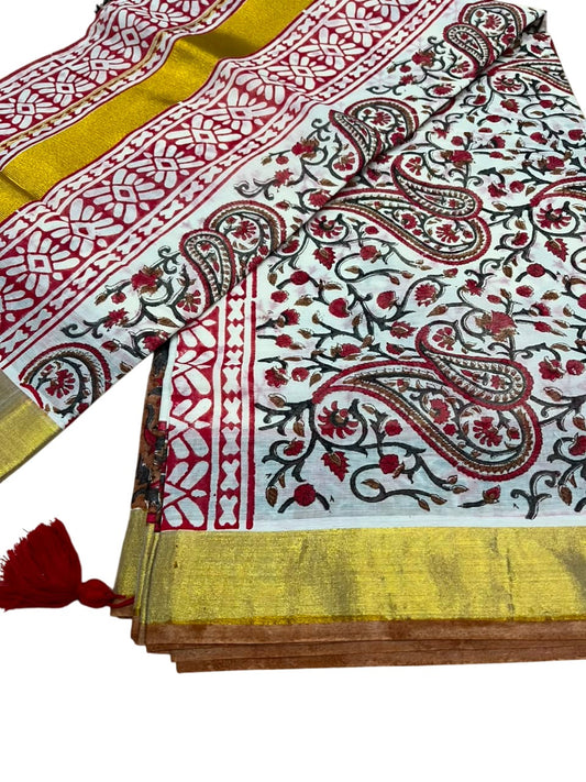 Southloom Cotton Kerala Kasavu Saree with Jaipur Block Printed on Body And Borders in Red SL561