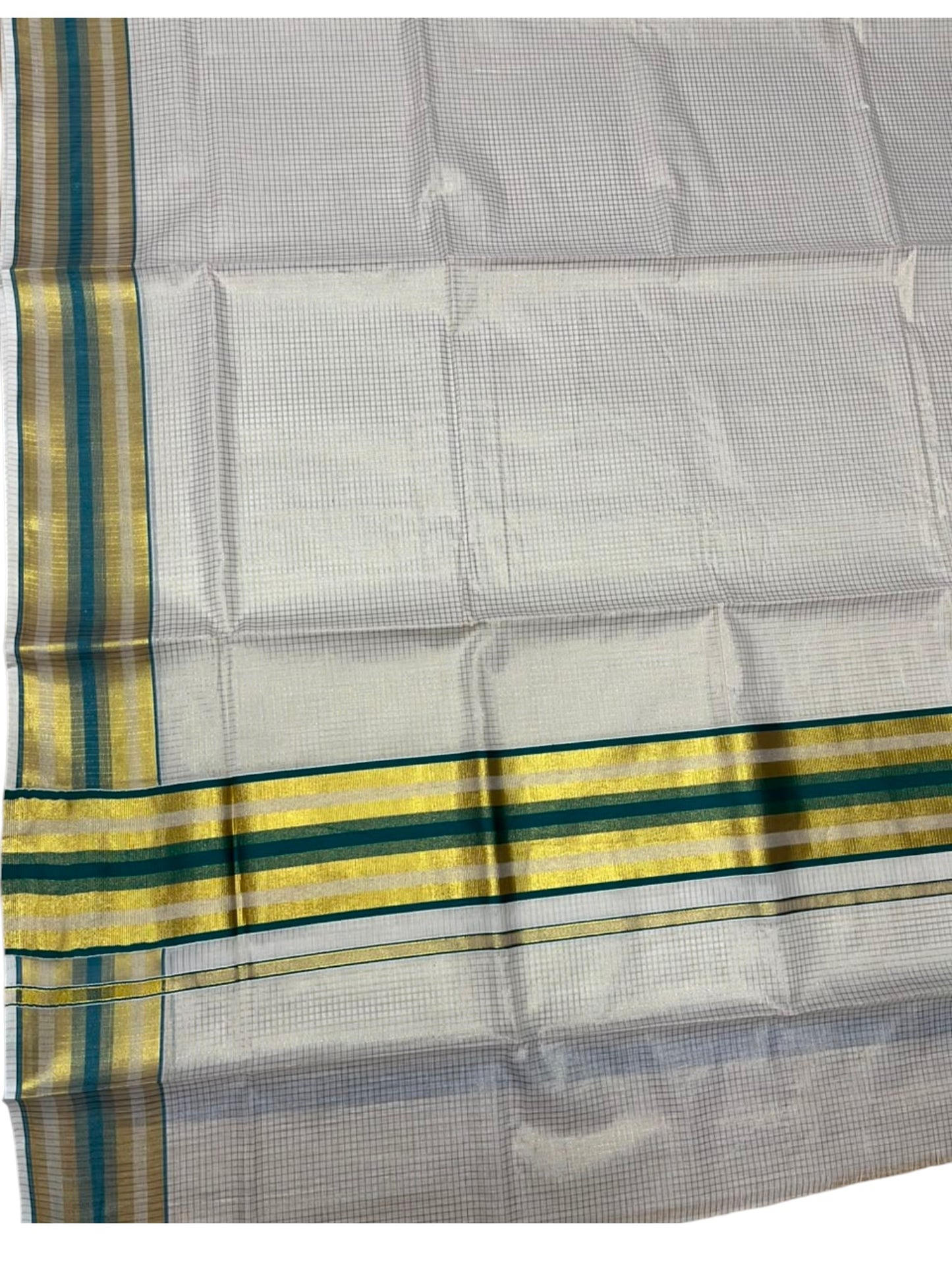 Southloom Kerala Cotton Kasavu Saree with Micro Check Design on Body in Green Border