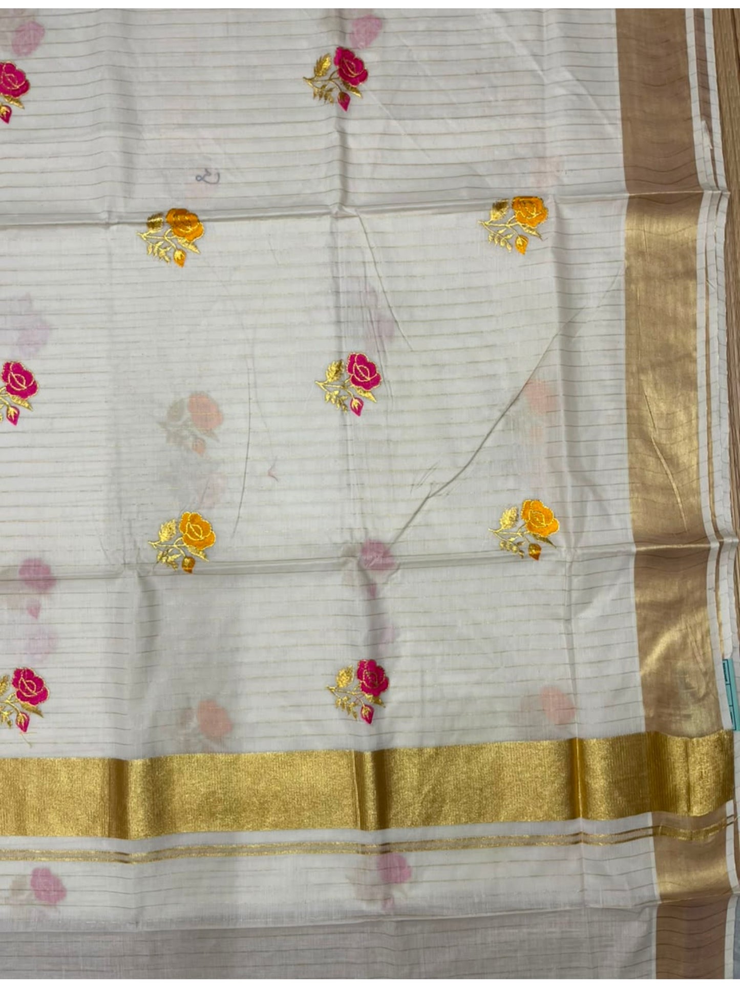 Southloom Kerala Cotton Kasavu Line Saree with Pink&Yellow Floral Embroidery Works