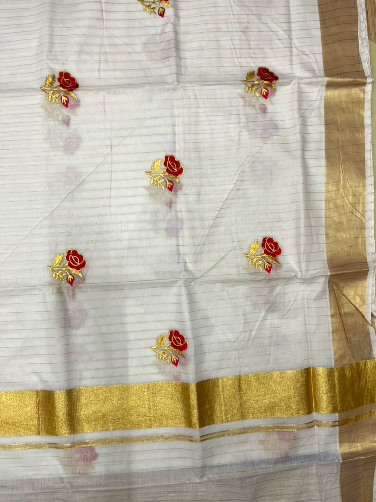 Southloom Kerala Cotton Kasavu Line Saree with Red Floral Embroidery Works