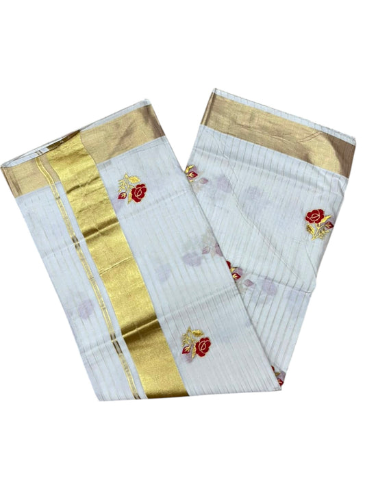 Southloom Kerala Cotton Kasavu Line Saree with Red Floral Embroidery Works