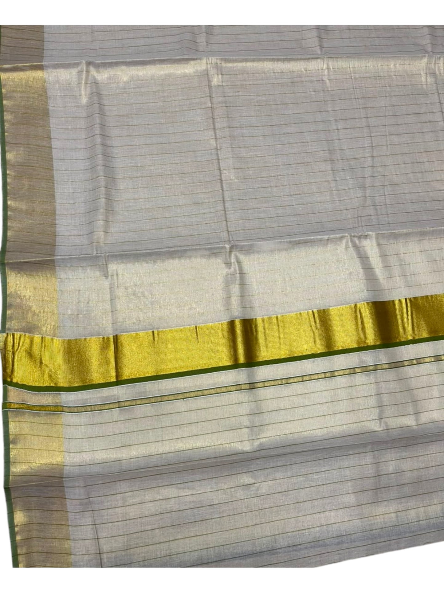 Southloom Kerala Tissue Kasavu Saree with Stripes on Body In Olive Green Border