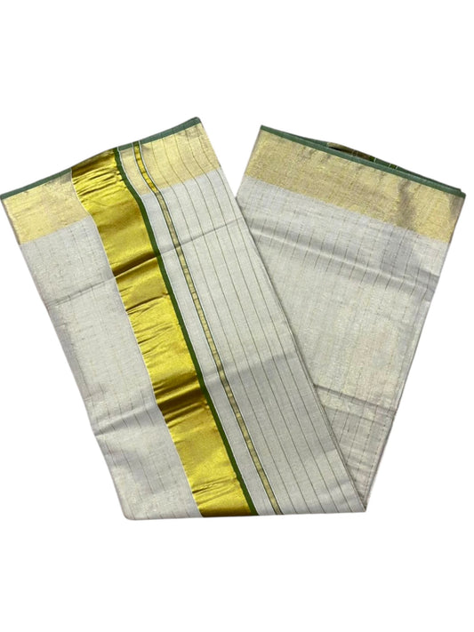 Southloom Kerala Tissue Kasavu Saree with Stripes on Body In Olive Green Border