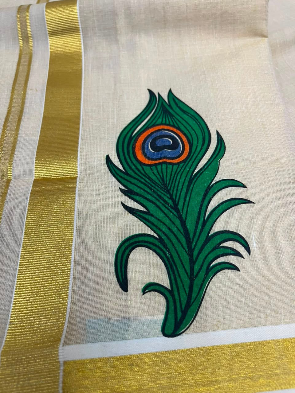 Southloom Kerala Tissue Mural Digital Printed Double Mundu (South Indian Kerala Dhoti) SL567
