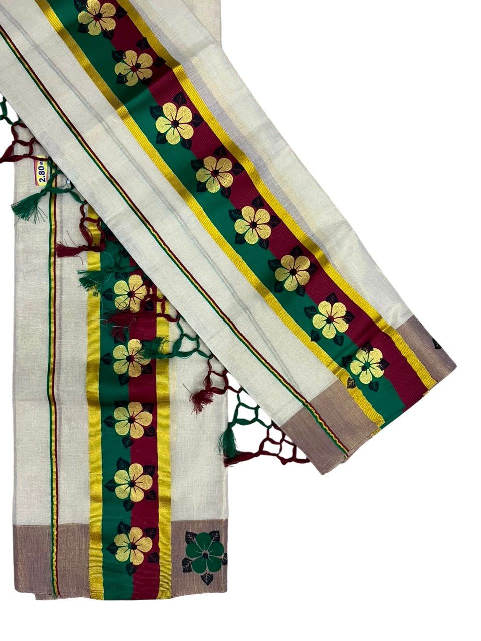 Kerala Pure Tissue Set Mundu Single (Mundum Neriyathum) with Floral Prints on Gold Kasavu Border in 2.80 Mtrs SL569