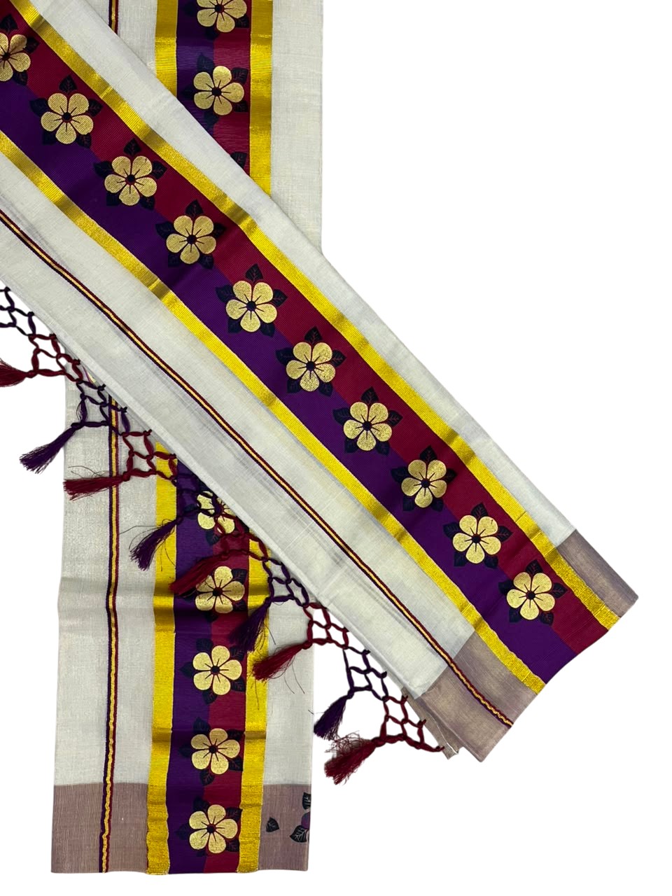 Kerala Pure Tissue Set Mundu Single (Mundum Neriyathum) with Floral Prints on Gold Kasavu Border in 2.80 Mtrs SL569