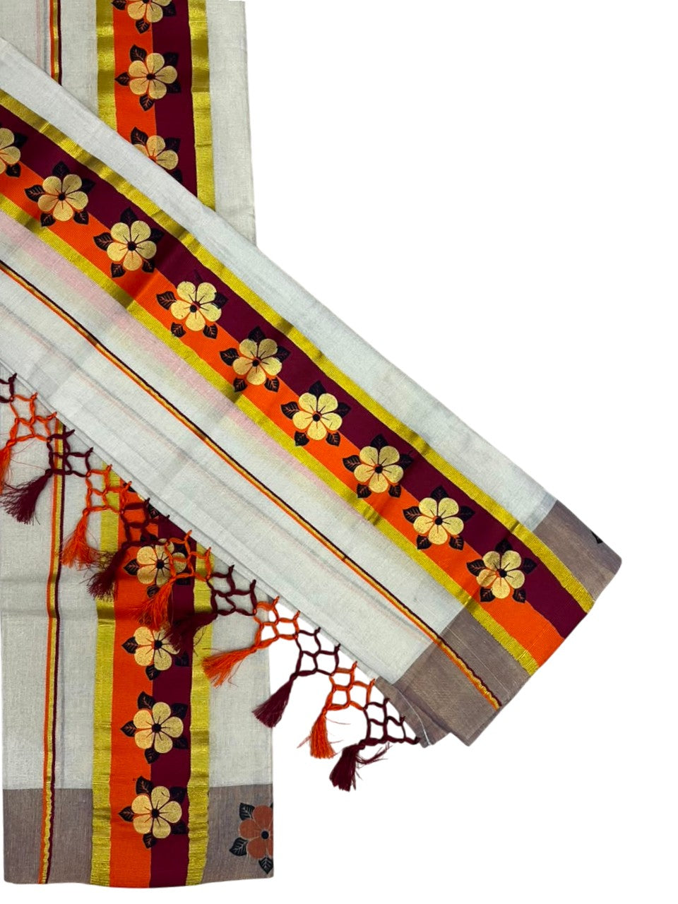 Kerala Pure Tissue Set Mundu Single (Mundum Neriyathum) with Floral Prints on Gold Kasavu Border in 2.80 Mtrs SL569