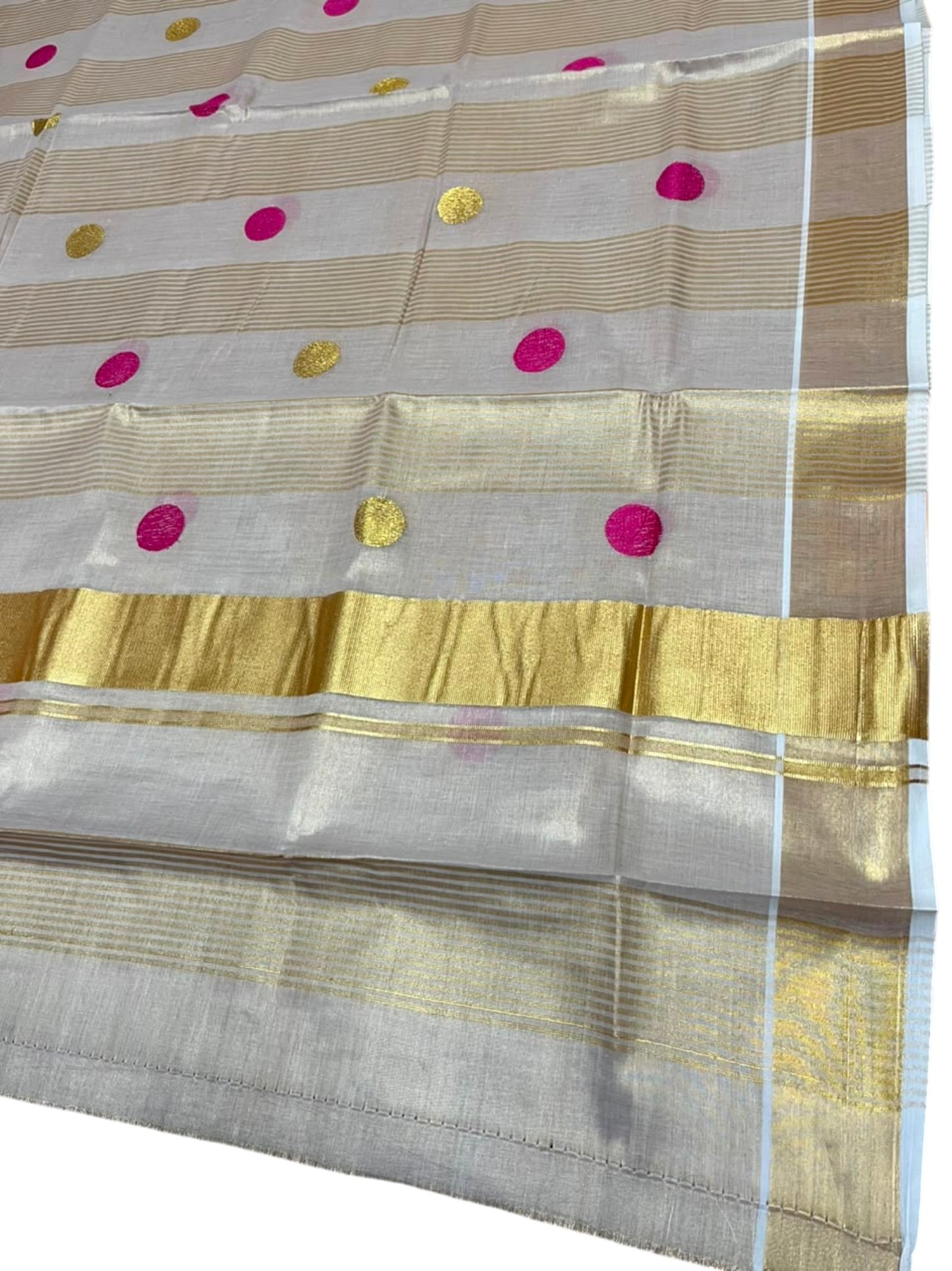 Southloom Kerala Tissue Kasavu Stripes Saree with Polka Embroidery Works on Body in Pink