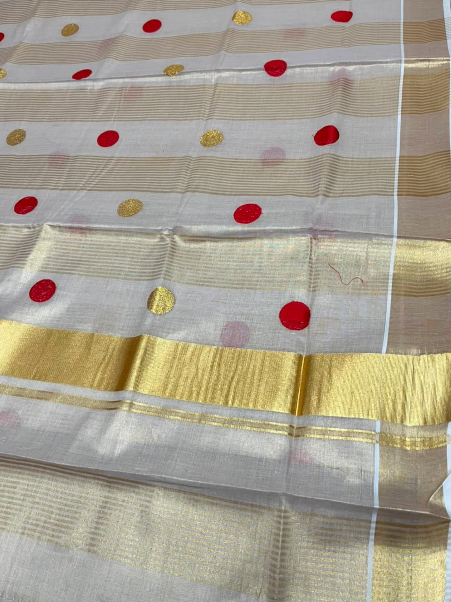 Southloom Kerala Tissue Kasavu Stripes Saree with Polka Embroidery Works on Body in Red