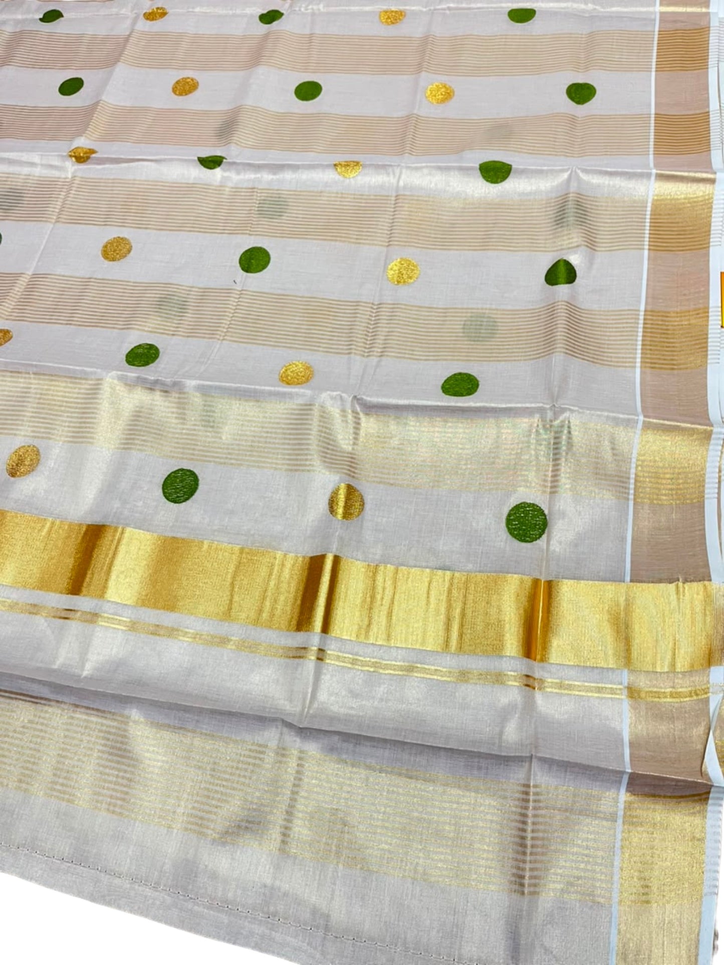Southloom Kerala Tissue Kasavu Stripes Saree with Polka Embroidery Works on Body in Olive Green