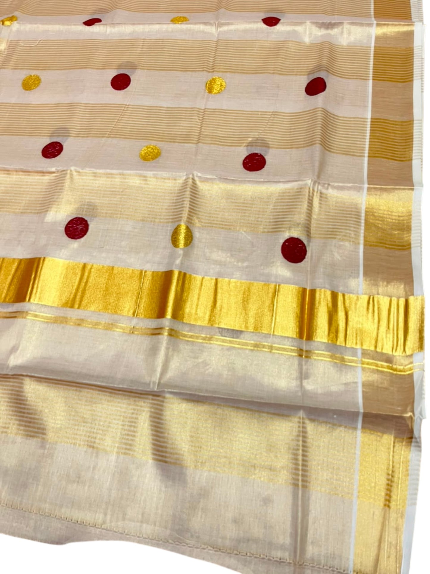Southloom Kerala Tissue Kasavu Stripes Saree with Polka Embroidery Works on Body in Maroon