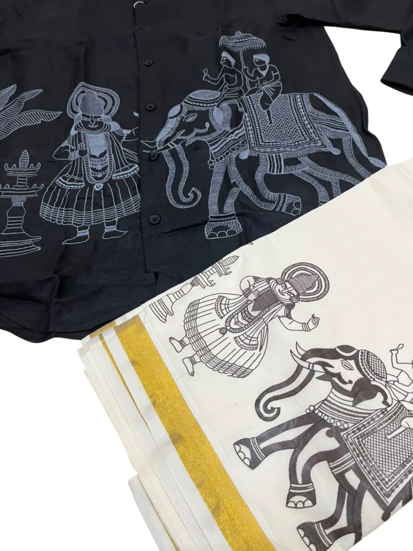 Southloom Linen Cotton Elephant Embroidery Design Men's Combo In Black (Shirt + Mundu) SLCOMBO SL571