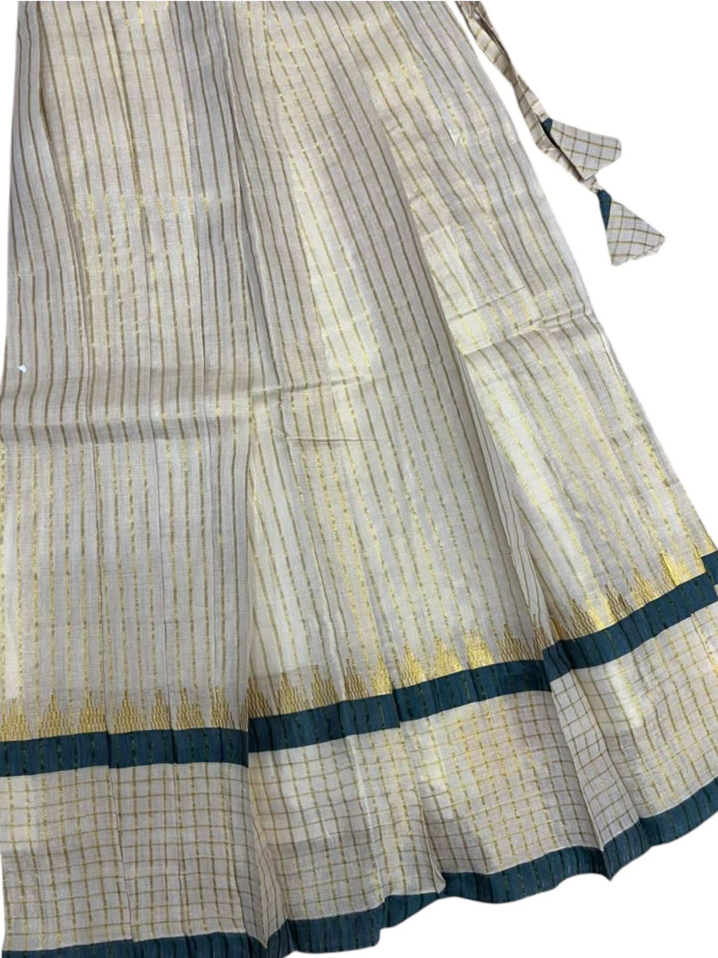 Southloom Kerala Tissue Kasavu Pavada with Stripes on Body And Blouse In Green for Kids