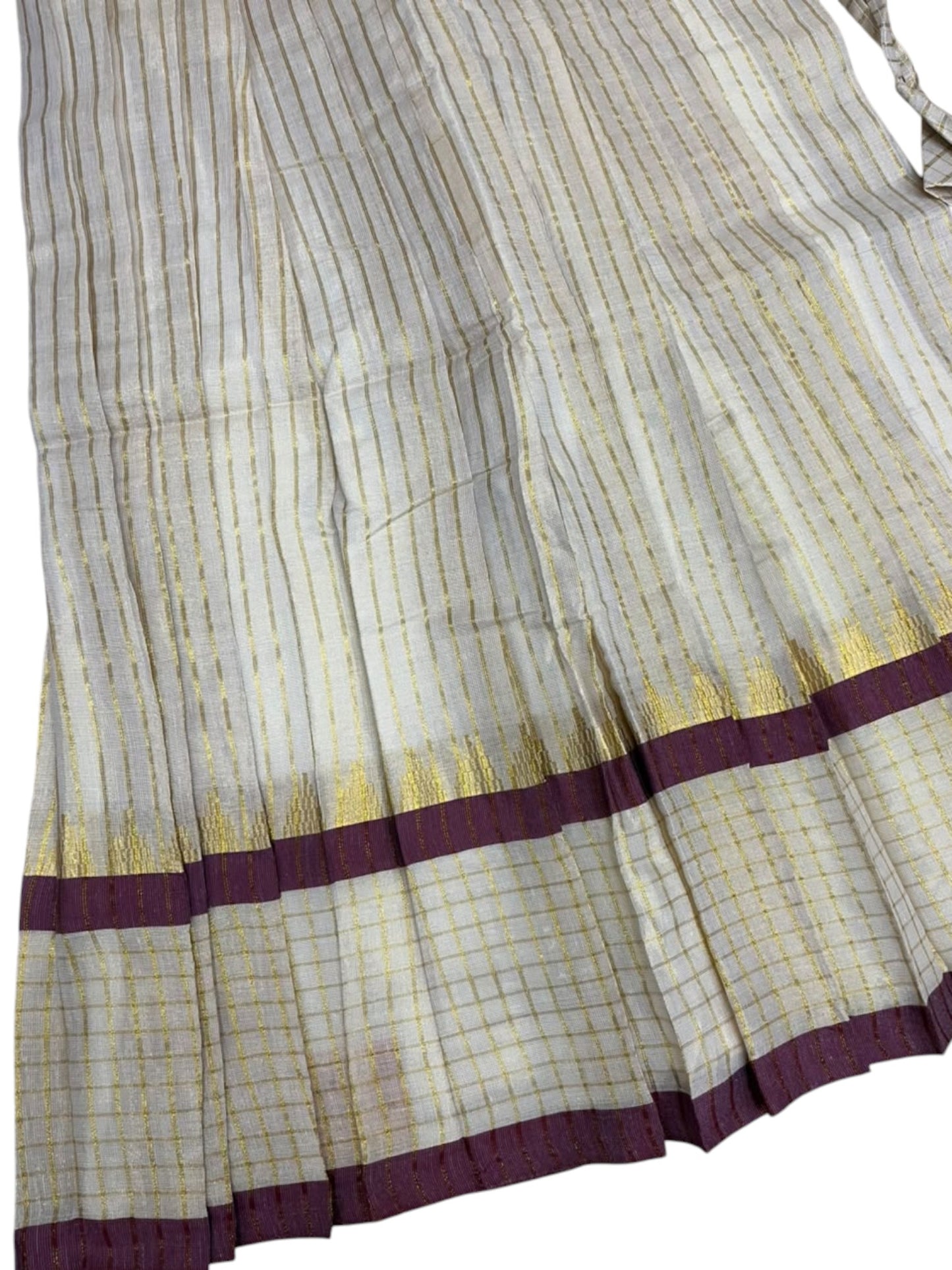 Southloom Kerala Tissue Kasavu Pavada with Stripes on Body And Blouse In Maroon for Kids