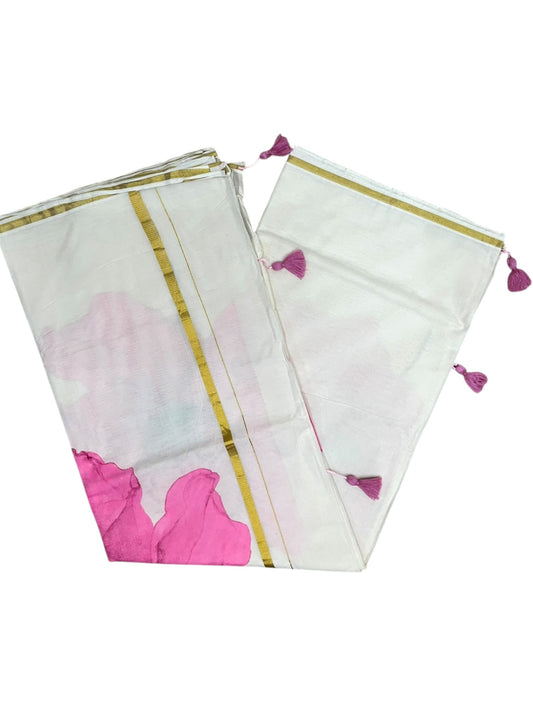Kerala Southloom Cotton Saree with Floral Prints in Pink and Gold Border
