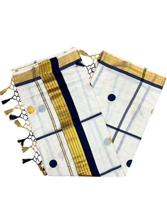 Southloom Kerala Cotton Kasavu Saree with Blue & Gold Polka Works on BodySL581