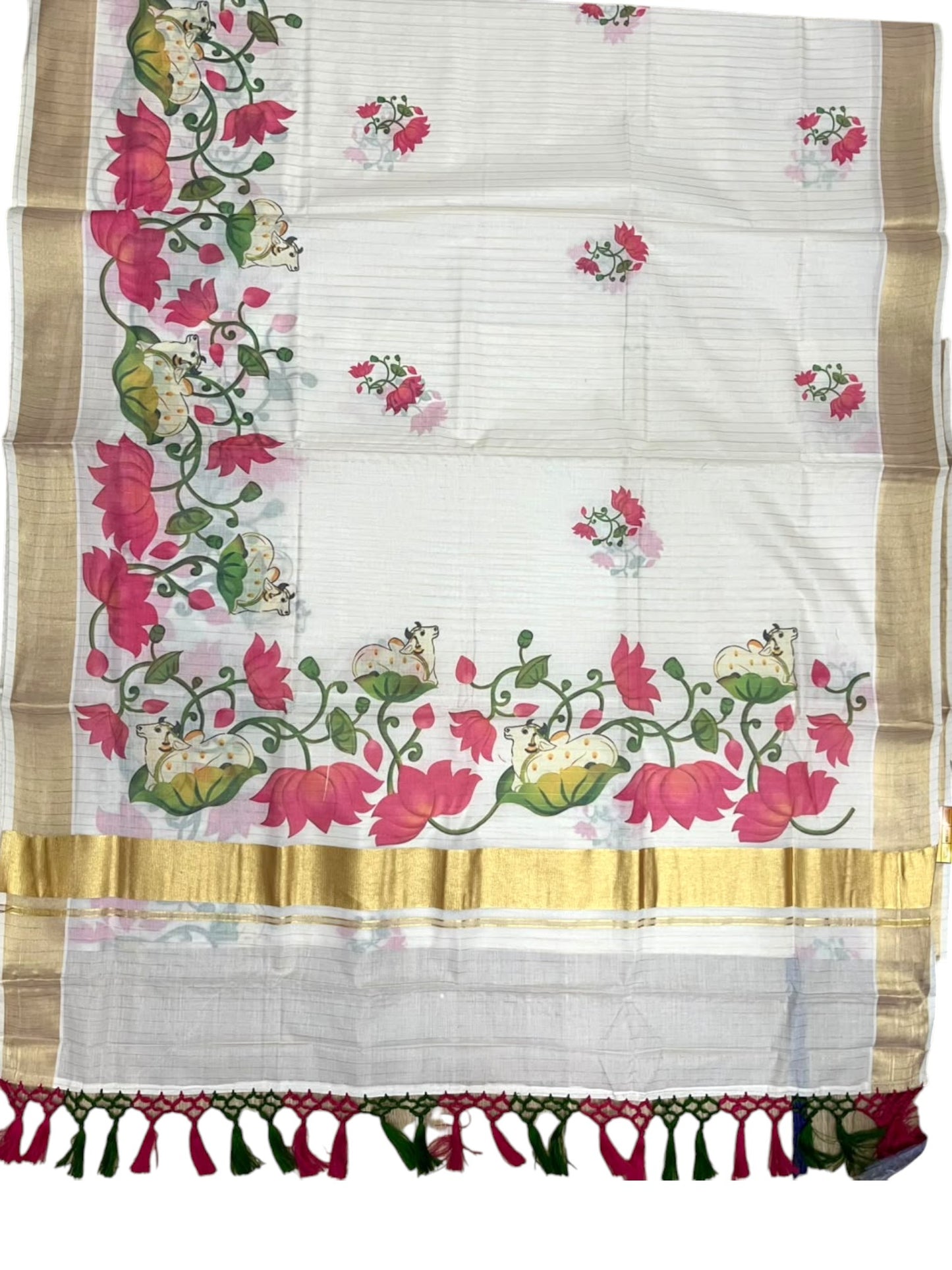 Southloom Cotton Kerala Kasavu Saree with Digital Painted Lotus Design SL586